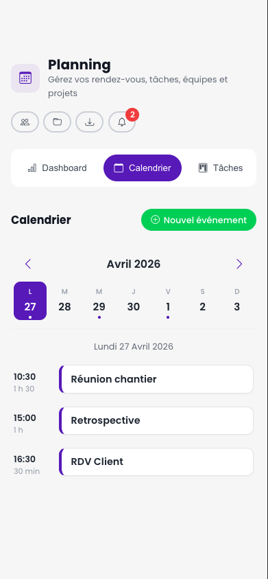 Aperçu mobile du planning Stackly
